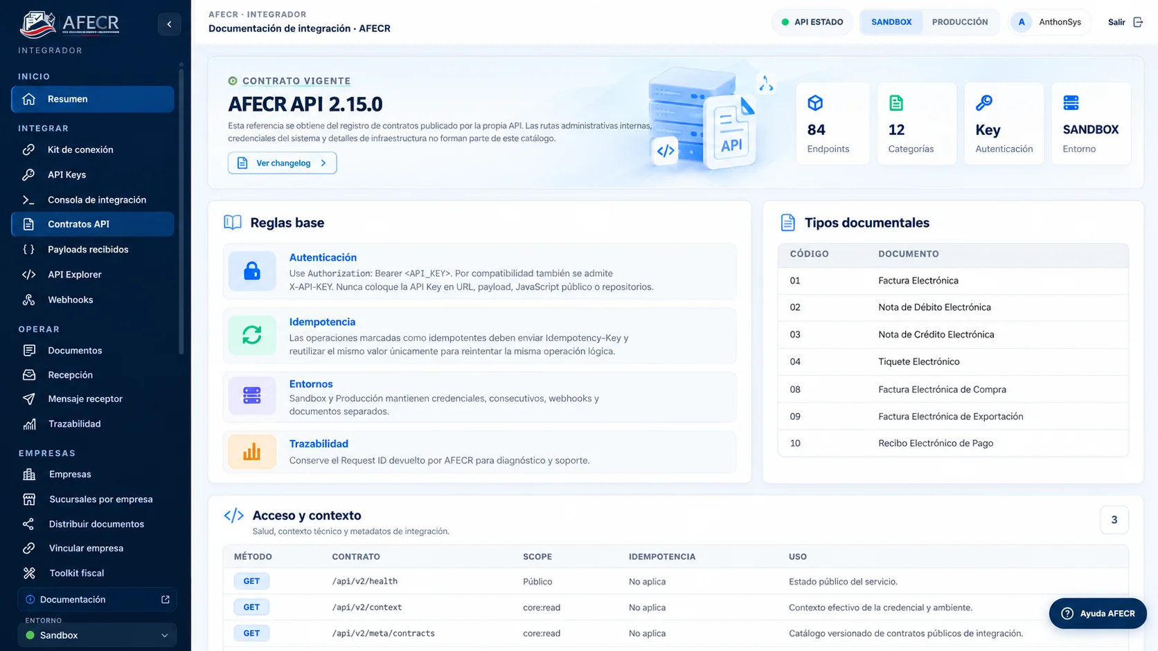 AFECR Control Center y flujo de integración por API